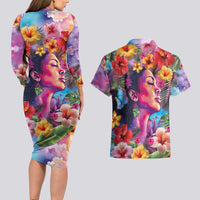 Polynesian Women Couples Matching Long Sleeve Bodycon Dress and Hawaiian Shirt Tropical Plant - Vibrant Surreal Dreamscape Vibe