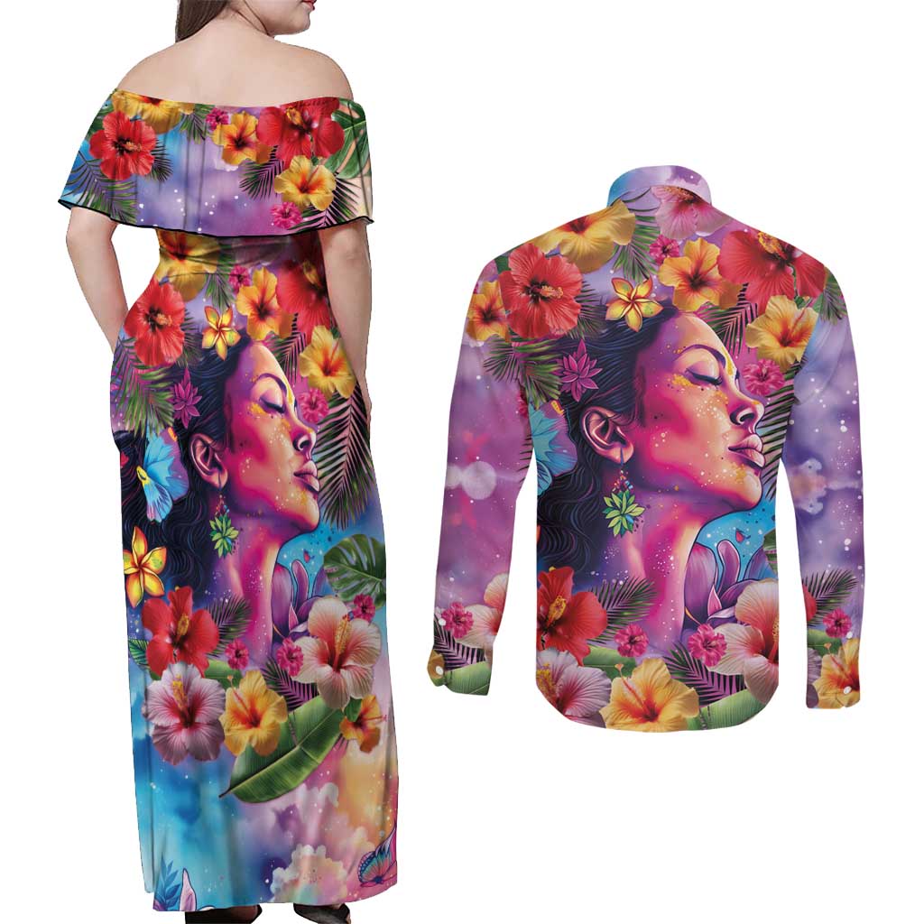 Polynesian Women Couples Matching Off Shoulder Maxi Dress and Long Sleeve Button Shirt Tropical Plant - Vibrant Surreal Dreamscape Vibe LT03 - Polynesian Pride