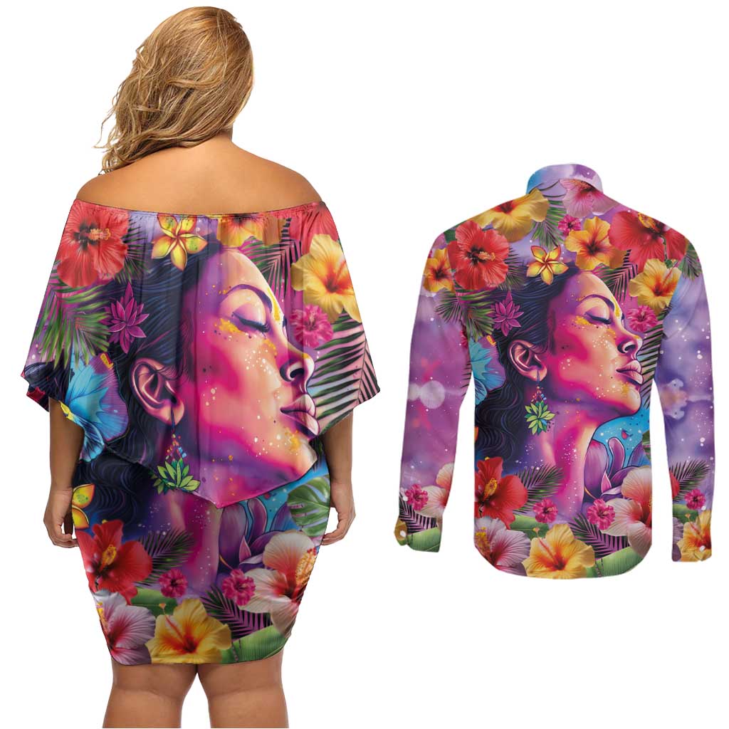 Polynesian Women Couples Matching Off Shoulder Short Dress and Long Sleeve Button Shirt Tropical Plant - Vibrant Surreal Dreamscape Vibe LT03 - Polynesian Pride