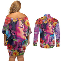 Polynesian Women Couples Matching Off Shoulder Short Dress and Long Sleeve Button Shirt Tropical Plant - Vibrant Surreal Dreamscape Vibe LT03 - Polynesian Pride
