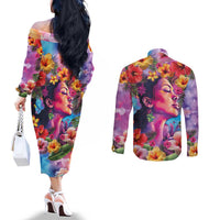 Polynesian Women Couples Matching Off The Shoulder Long Sleeve Dress and Long Sleeve Button Shirt Tropical Plant - Vibrant Surreal Dreamscape Vibe LT03 - Polynesian Pride