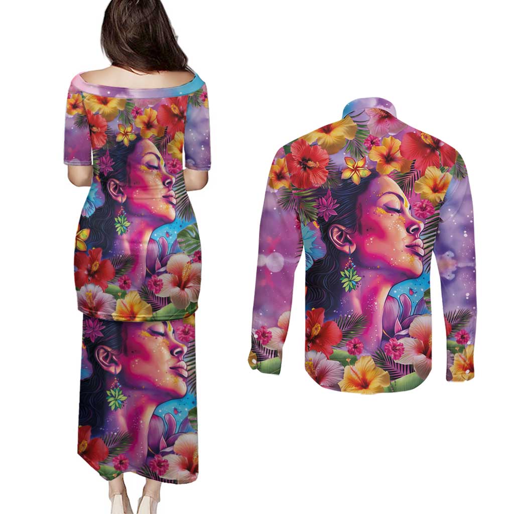 Polynesian Women Couples Matching Puletasi and Long Sleeve Button Shirt Tropical Plant - Vibrant Surreal Dreamscape Vibe LT03 - Polynesian Pride