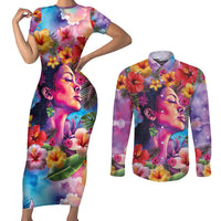 Polynesian Women Couples Matching Short Sleeve Bodycon Dress and Long Sleeve Button Shirt Tropical Plant - Vibrant Surreal Dreamscape Vibe LT03 Pink-Purple - Polynesian Pride