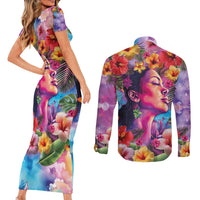Polynesian Women Couples Matching Short Sleeve Bodycon Dress and Long Sleeve Button Shirt Tropical Plant - Vibrant Surreal Dreamscape Vibe LT03 - Polynesian Pride