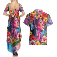 Polynesian Women Couples Matching Summer Maxi Dress and Hawaiian Shirt Tropical Plant - Vibrant Surreal Dreamscape Vibe