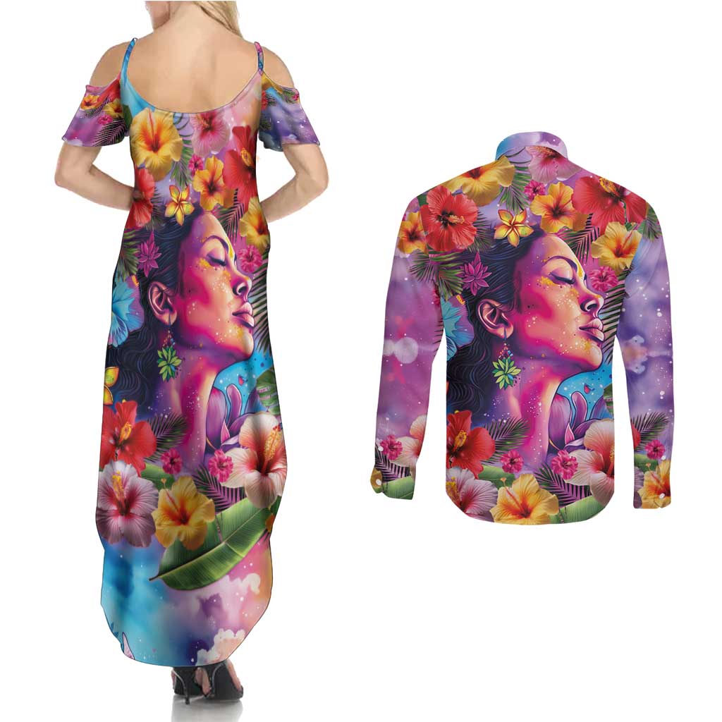 Polynesian Women Couples Matching Summer Maxi Dress and Long Sleeve Button Shirt Tropical Plant - Vibrant Surreal Dreamscape Vibe LT03 - Polynesian Pride