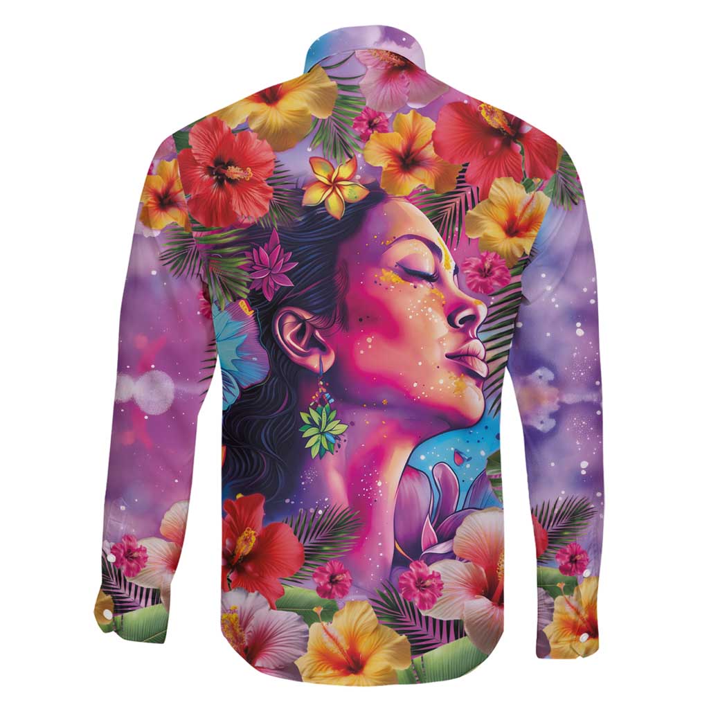 Polynesian Women Family Matching Long Sleeve Bodycon Dress and Hawaiian Shirt Tropical Plant - Vibrant Surreal Dreamscape Vibe