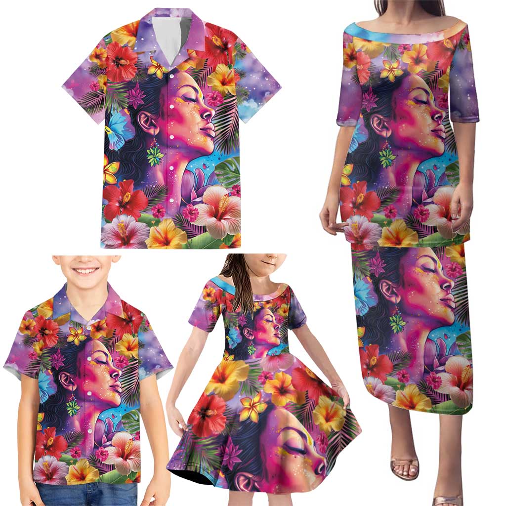 Polynesian Women Family Matching Puletasi and Hawaiian Shirt Tropical Plant - Vibrant Surreal Dreamscape Vibe