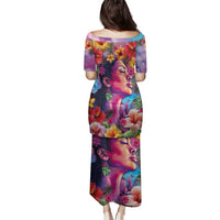 Polynesian Women Family Matching Puletasi and Hawaiian Shirt Tropical Plant - Vibrant Surreal Dreamscape Vibe