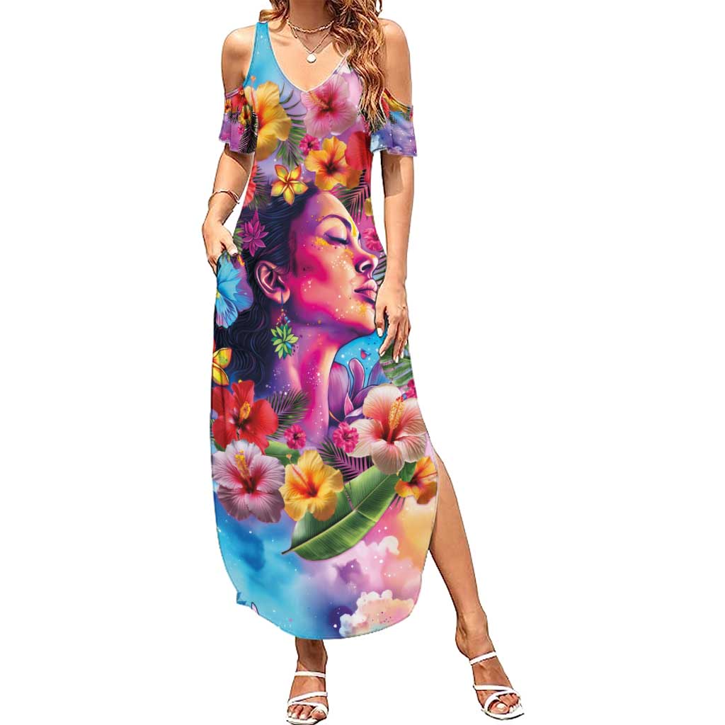 Polynesian Women Family Matching Summer Maxi Dress and Hawaiian Shirt Tropical Plant - Vibrant Surreal Dreamscape Vibe