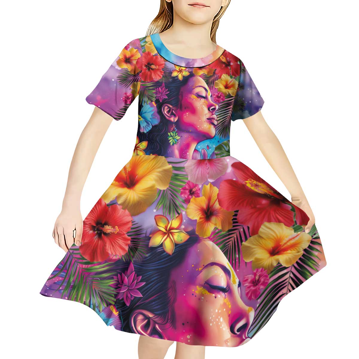 Polynesian Women Kid Short Sleeve Dress Tropical Plant - Vibrant Surreal Dreamscape Vibe
