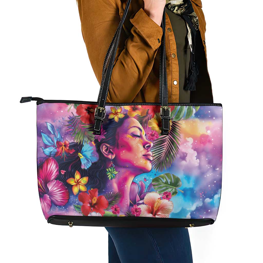 Polynesian Women Leather Tote Bag Tropical Plant - Vibrant Surreal Dreamscape Vibe LT03 - Polynesian Pride