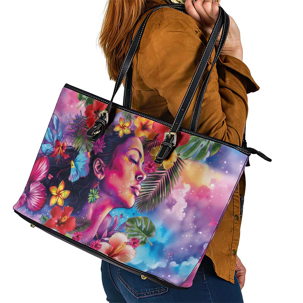 Polynesian Women Leather Tote Bag Tropical Plant - Vibrant Surreal Dreamscape Vibe LT03 - Polynesian Pride