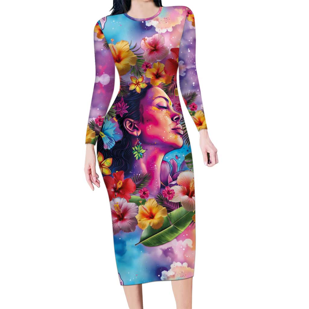 Polynesian Women Long Sleeve Bodycon Dress Tropical Plant - Vibrant Surreal Dreamscape Vibe