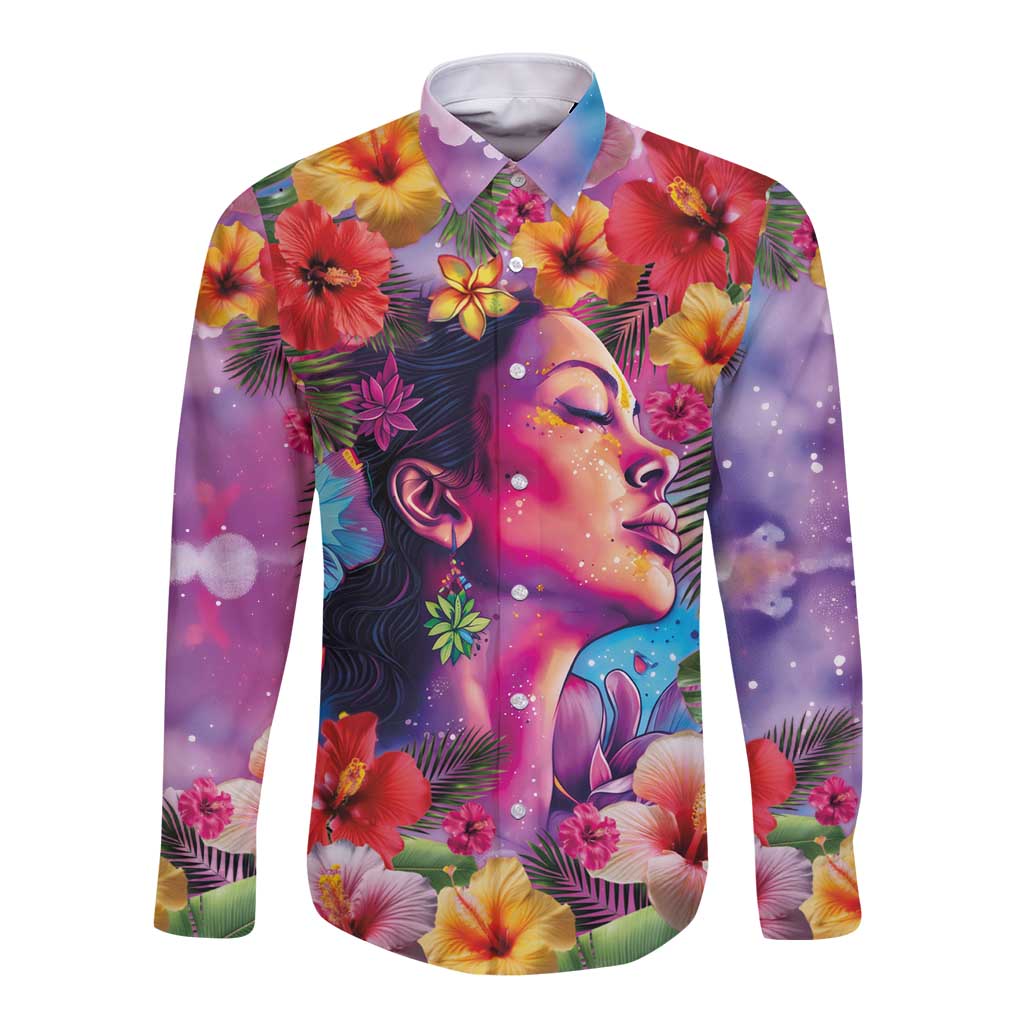 Polynesian Women Long Sleeve Button Shirt Tropical Plant - Vibrant Surreal Dreamscape Vibe LT03 Unisex Pink-Purple - Polynesian Pride