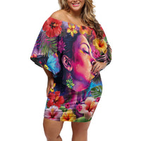 Polynesian Women Off Shoulder Short Dress Tropical Plant - Vibrant Surreal Dreamscape Vibe