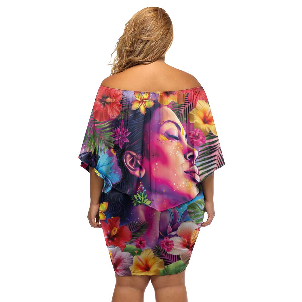 Polynesian Women Off Shoulder Short Dress Tropical Plant - Vibrant Surreal Dreamscape Vibe