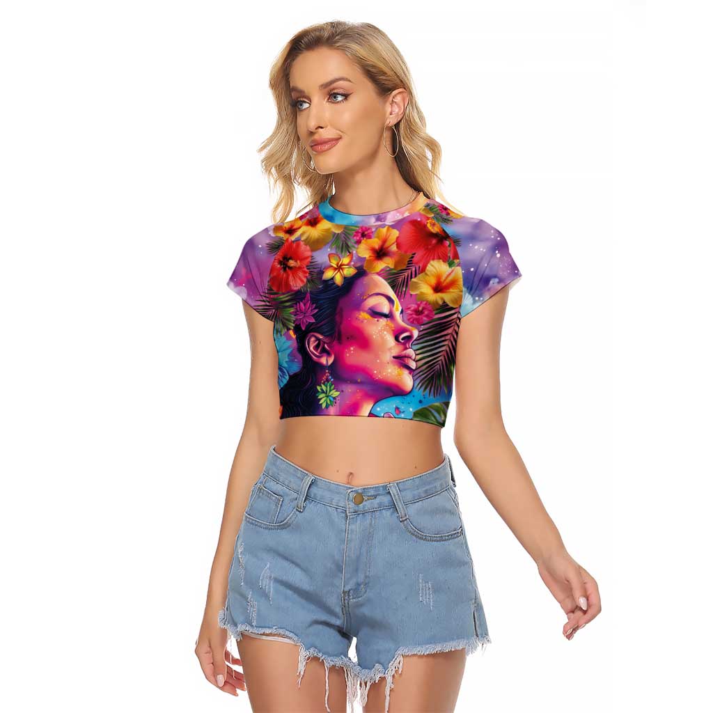 Polynesian Women Raglan Cropped T Shirt Tropical Plant - Vibrant Surreal Dreamscape Vibe LT03 Female Pink-Purple - Polynesian Pride