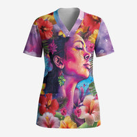 Polynesian Women Scrub Top Tropical Plant - Vibrant Surreal Dreamscape Vibe - Polynesian Pride