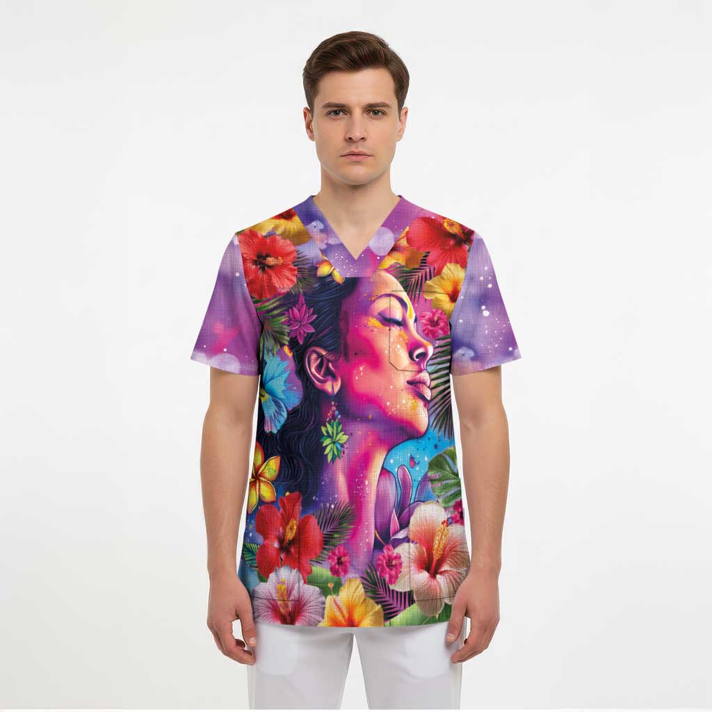 Polynesian Women Scrub Top Tropical Plant - Vibrant Surreal Dreamscape Vibe - Polynesian Pride