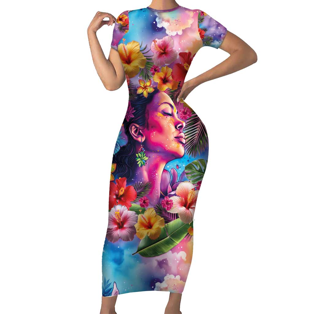 Polynesian Women Short Sleeve Bodycon Dress Tropical Plant - Vibrant Surreal Dreamscape Vibe