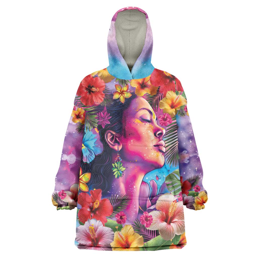 Polynesian Women Wearable Blanket Hoodie Tropical Plant - Vibrant Surreal Dreamscape Vibe