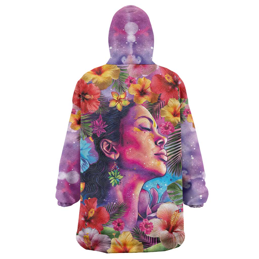 Polynesian Women Wearable Blanket Hoodie Tropical Plant - Vibrant Surreal Dreamscape Vibe