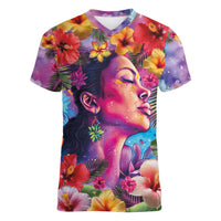 Polynesian Women Women V-Neck T-Shirt Tropical Plant - Vibrant Surreal Dreamscape Vibe LT03 Female Pink-Purple - Polynesian Pride