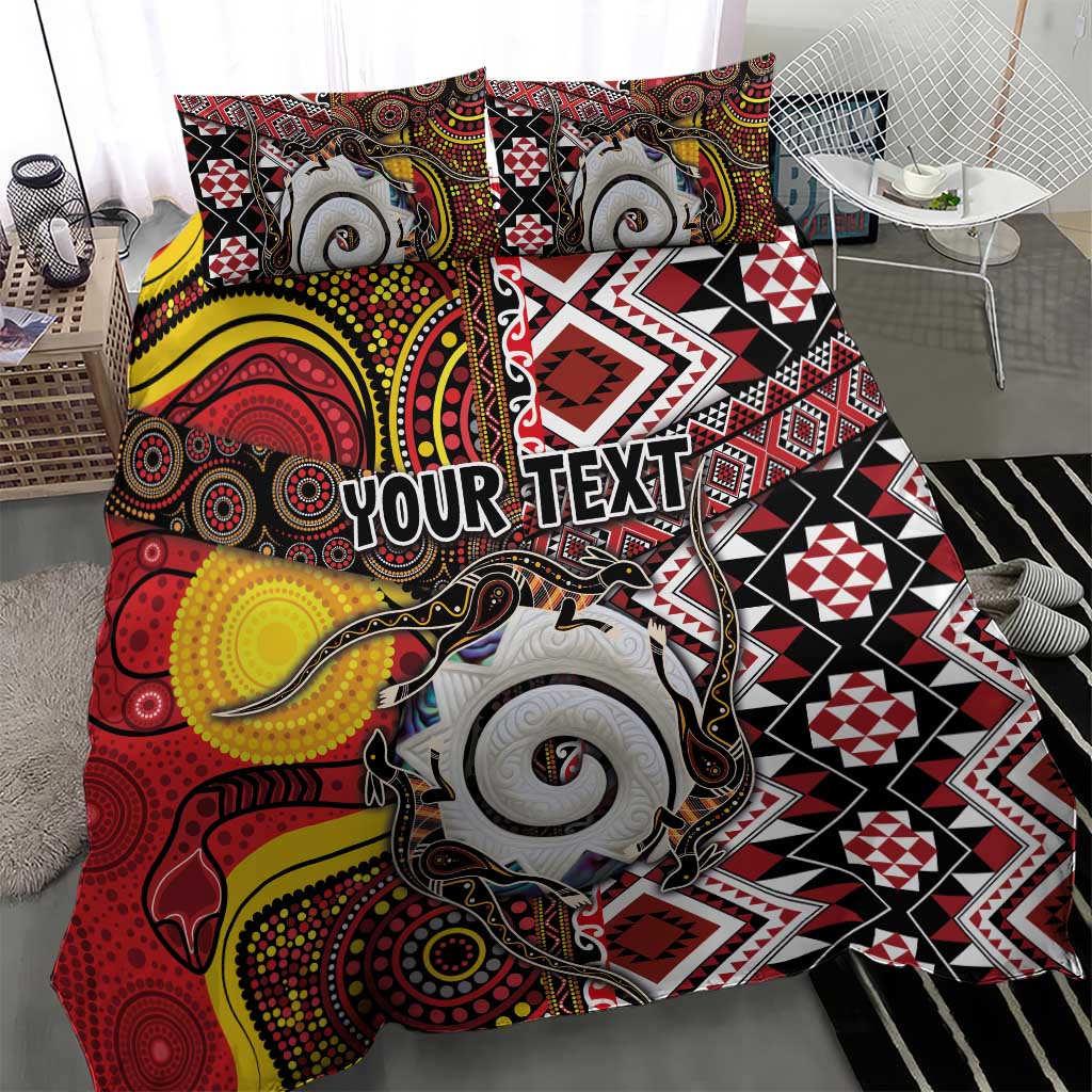 Personalised Aotearoa and Australia Together Bedding Set Koru and Kangaroo - Taniko with Aboriginal Motif LT03 - Polynesian Pride