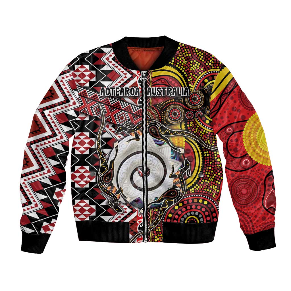 Personalised Aotearoa and Australia Together Bomber Jacket Koru and Kangaroo - Taniko with Aboriginal Motif