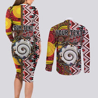Personalised Aotearoa and Australia Together Couples Matching Long Sleeve Bodycon Dress and Long Sleeve Button Shirt Koru and Kangaroo - Taniko with Aboriginal Motif LT03 - Polynesian Pride
