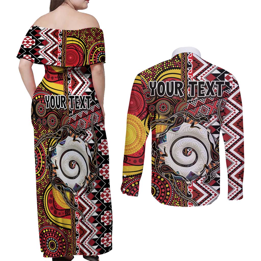 Personalised Aotearoa and Australia Together Couples Matching Off Shoulder Maxi Dress and Long Sleeve Button Shirt Koru and Kangaroo - Taniko with Aboriginal Motif LT03 - Polynesian Pride