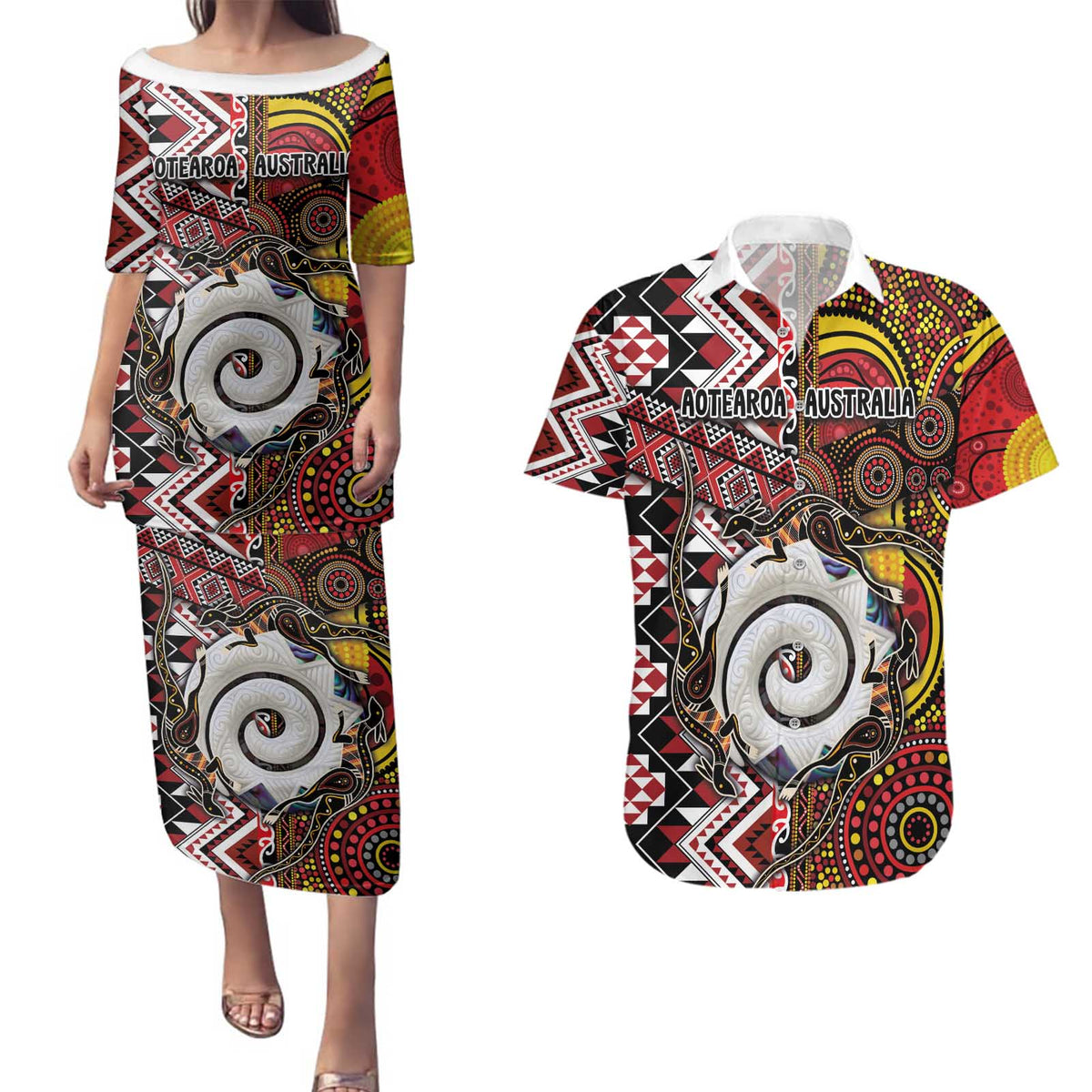Personalised Aotearoa and Australia Together Couples Matching Puletasi and Hawaiian Shirt Koru and Kangaroo - Taniko with Aboriginal Motif LT03 Black - Polynesian Pride
