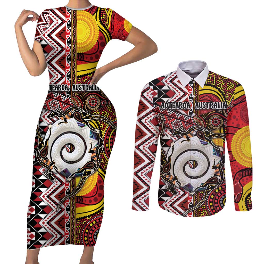 Personalised Aotearoa and Australia Together Couples Matching Short Sleeve Bodycon Dress and Long Sleeve Button Shirt Koru and Kangaroo - Taniko with Aboriginal Motif LT03 Black - Polynesian Pride