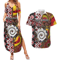 Personalised Aotearoa and Australia Together Couples Matching Summer Maxi Dress and Hawaiian Shirt Koru and Kangaroo - Taniko with Aboriginal Motif LT03 Black - Polynesian Pride