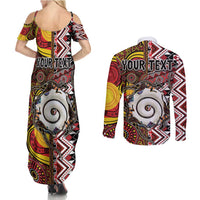 Personalised Aotearoa and Australia Together Couples Matching Summer Maxi Dress and Long Sleeve Button Shirt Koru and Kangaroo - Taniko with Aboriginal Motif LT03 - Polynesian Pride