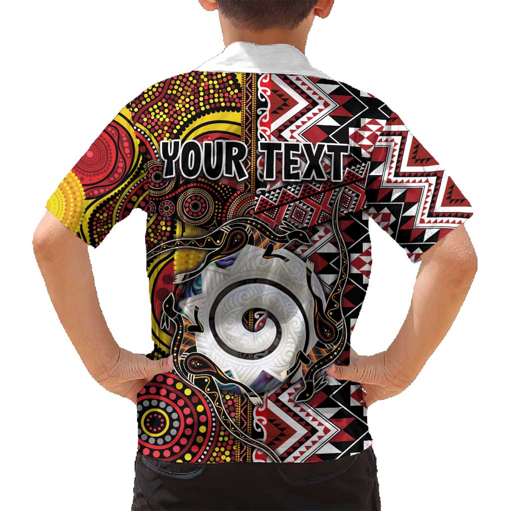 Personalised Aotearoa and Australia Together Family Matching Long Sleeve Bodycon Dress and Hawaiian Shirt Koru and Kangaroo - Taniko with Aboriginal Motif LT03 - Polynesian Pride