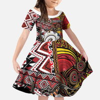 Personalised Aotearoa and Australia Together Family Matching Long Sleeve Bodycon Dress and Hawaiian Shirt Koru and Kangaroo - Taniko with Aboriginal Motif LT03 Daughter's Dress Black - Polynesian Pride