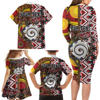 Personalised Aotearoa and Australia Together Family Matching Long Sleeve Bodycon Dress and Hawaiian Shirt Koru and Kangaroo - Taniko with Aboriginal Motif LT03 - Polynesian Pride