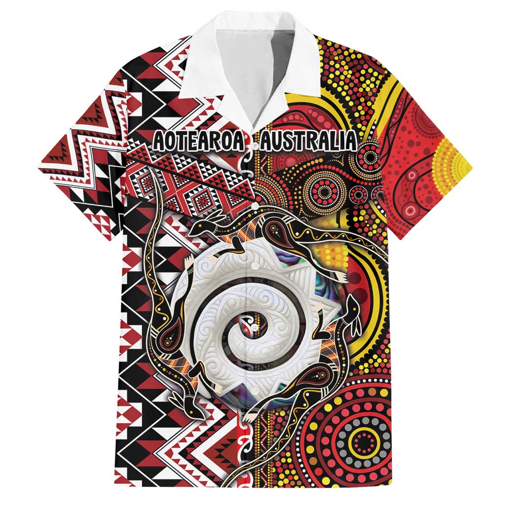 Personalised Aotearoa and Australia Together Family Matching Long Sleeve Bodycon Dress and Hawaiian Shirt Koru and Kangaroo - Taniko with Aboriginal Motif LT03 Dad's Shirt - Short Sleeve Black - Polynesian Pride