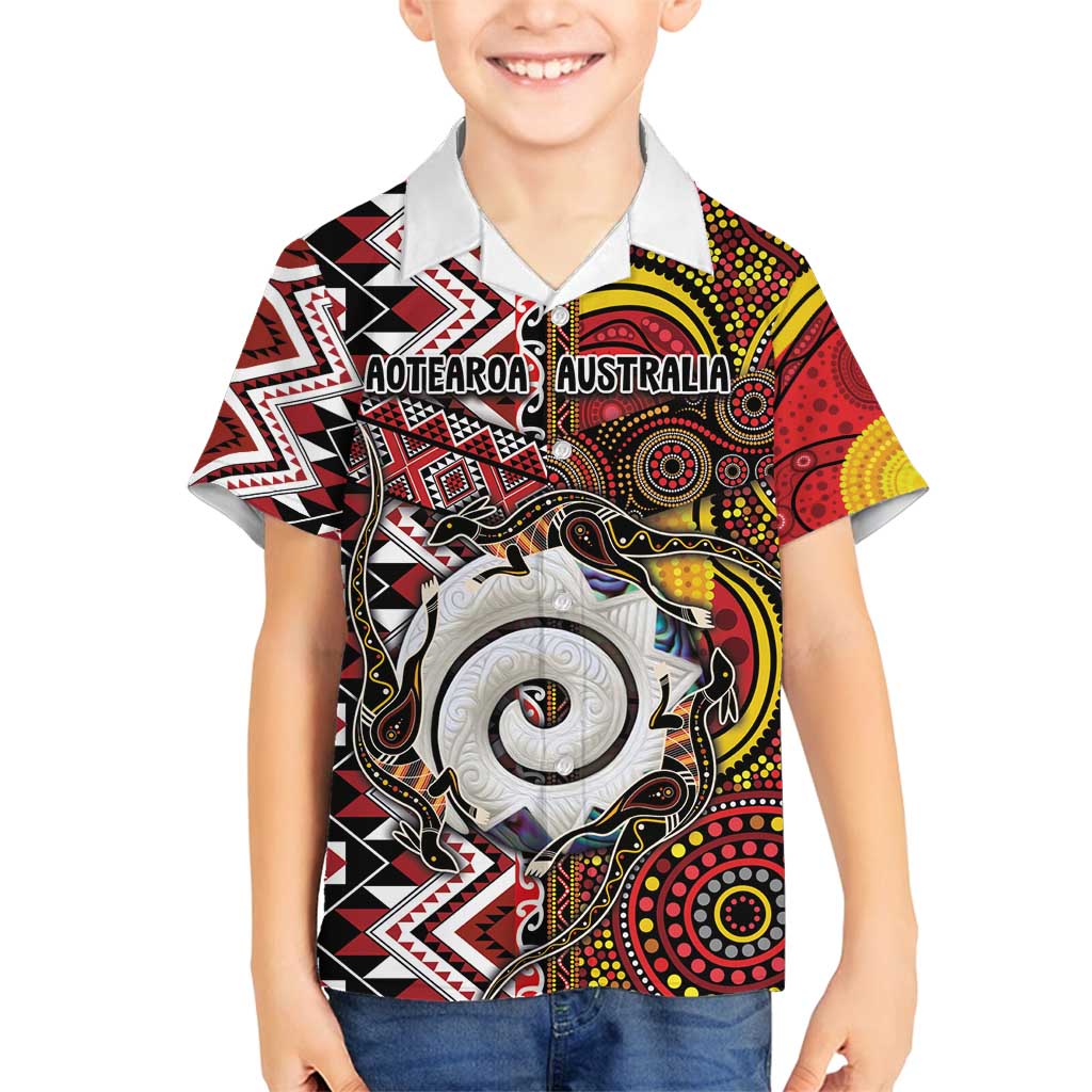 Personalised Aotearoa and Australia Together Family Matching Long Sleeve Bodycon Dress and Hawaiian Shirt Koru and Kangaroo - Taniko with Aboriginal Motif LT03 Son's Shirt Black - Polynesian Pride
