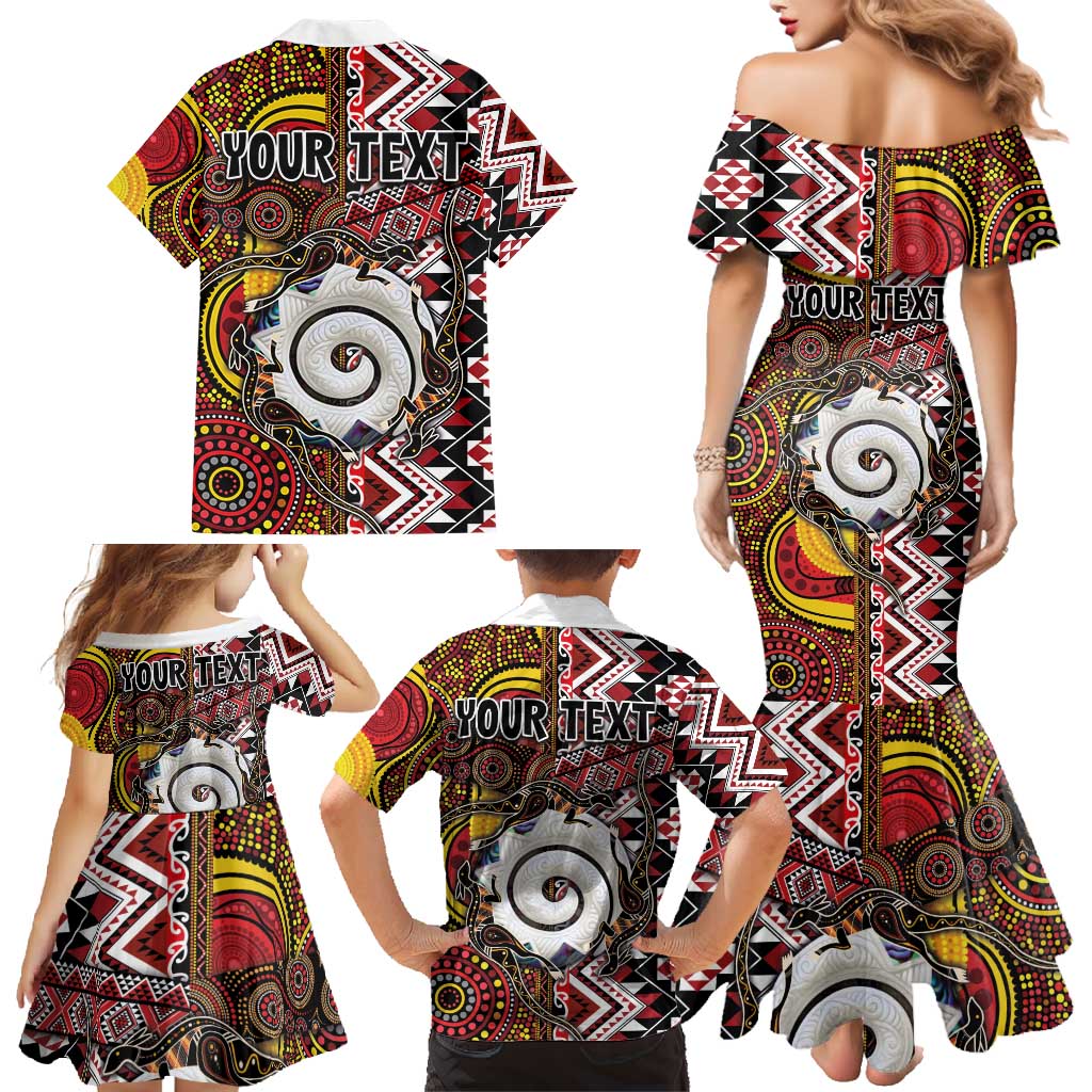 Personalised Aotearoa and Australia Together Family Matching Mermaid Dress and Hawaiian Shirt Koru and Kangaroo - Taniko with Aboriginal Motif LT03 - Polynesian Pride