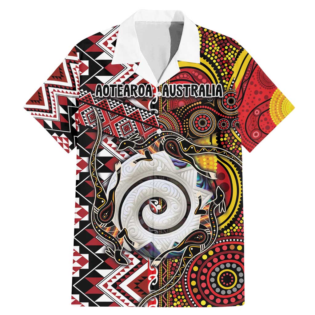 Personalised Aotearoa and Australia Together Family Matching Mermaid Dress and Hawaiian Shirt Koru and Kangaroo - Taniko with Aboriginal Motif LT03 Dad's Shirt - Short Sleeve Black - Polynesian Pride