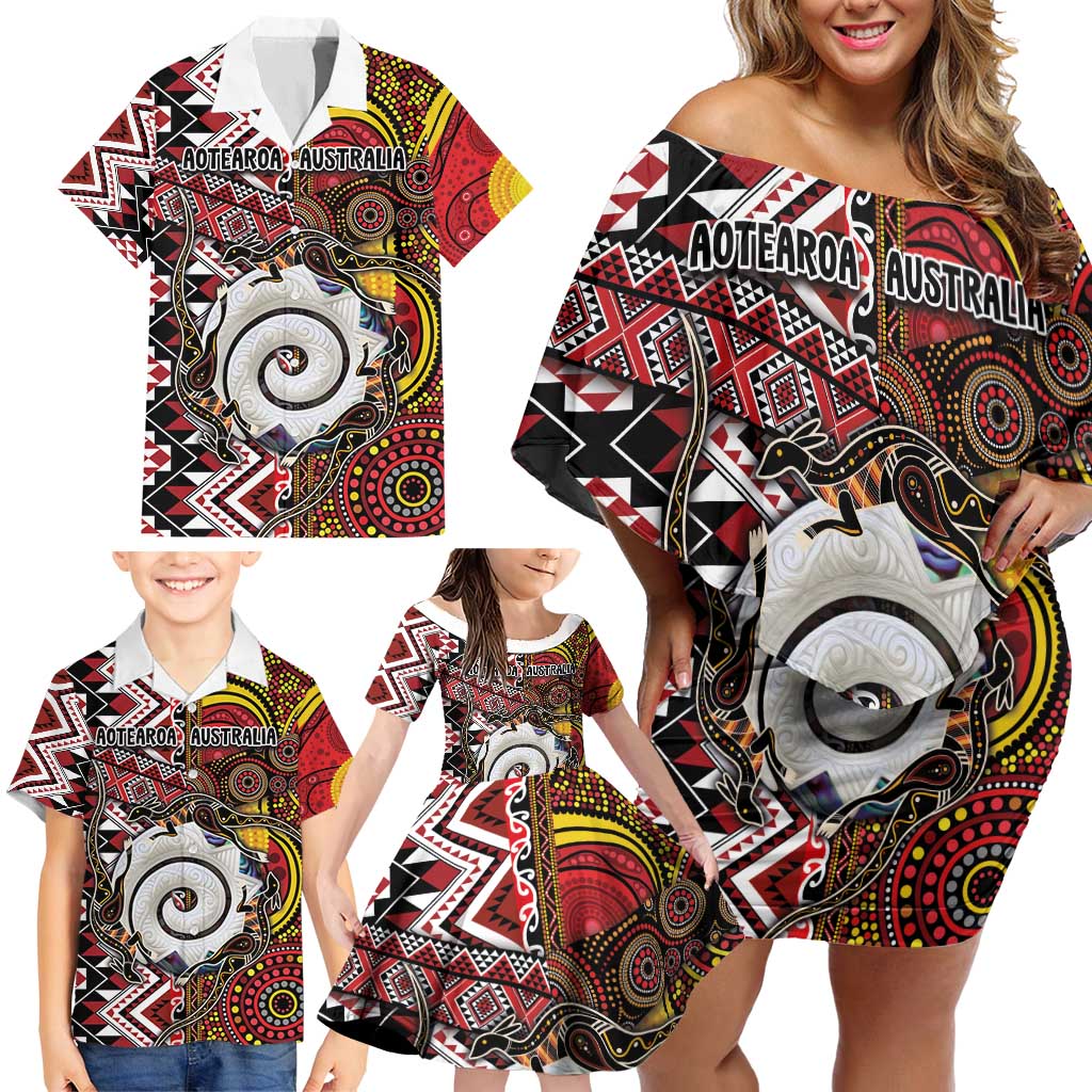 Personalised Aotearoa and Australia Together Family Matching Off Shoulder Short Dress and Hawaiian Shirt Koru and Kangaroo - Taniko with Aboriginal Motif LT03 - Polynesian Pride