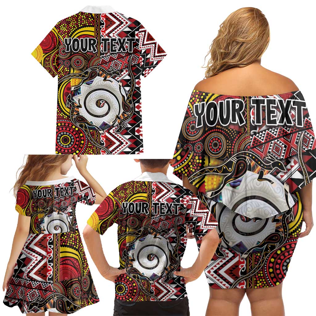Personalised Aotearoa and Australia Together Family Matching Off Shoulder Short Dress and Hawaiian Shirt Koru and Kangaroo - Taniko with Aboriginal Motif LT03 - Polynesian Pride