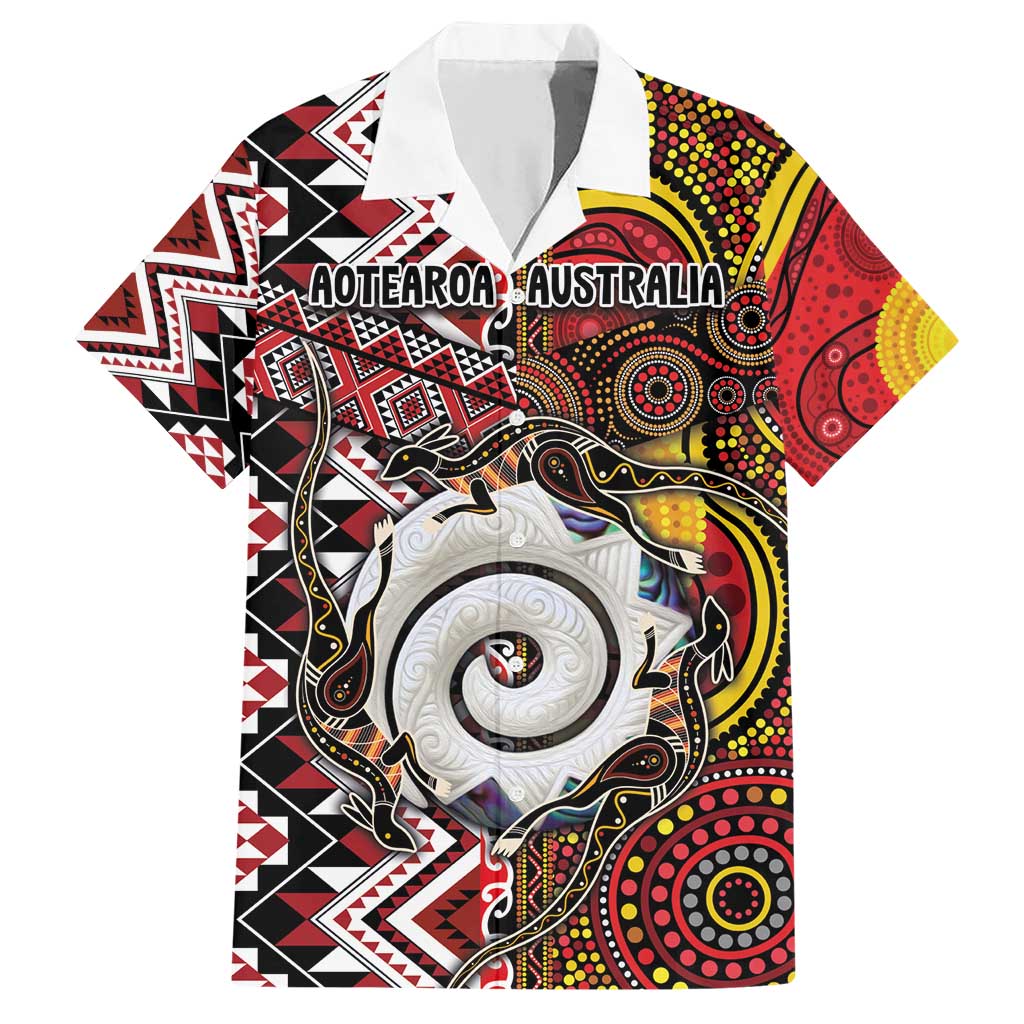 Personalised Aotearoa and Australia Together Family Matching Short Sleeve Bodycon Dress and Hawaiian Shirt Koru and Kangaroo - Taniko with Aboriginal Motif LT03 Dad's Shirt - Short Sleeve Black - Polynesian Pride
