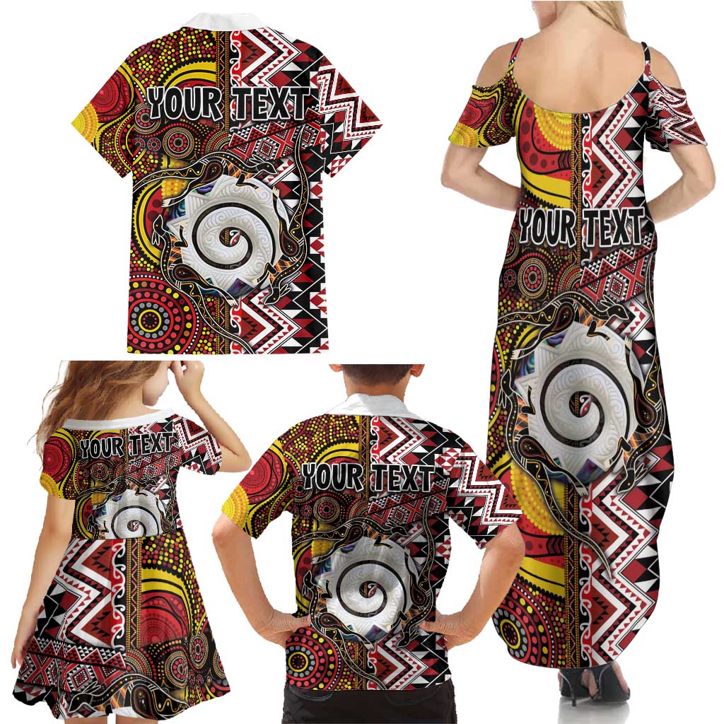 Personalised Aotearoa and Australia Together Family Matching Summer Maxi Dress and Hawaiian Shirt Koru and Kangaroo - Taniko with Aboriginal Motif LT03 - Polynesian Pride