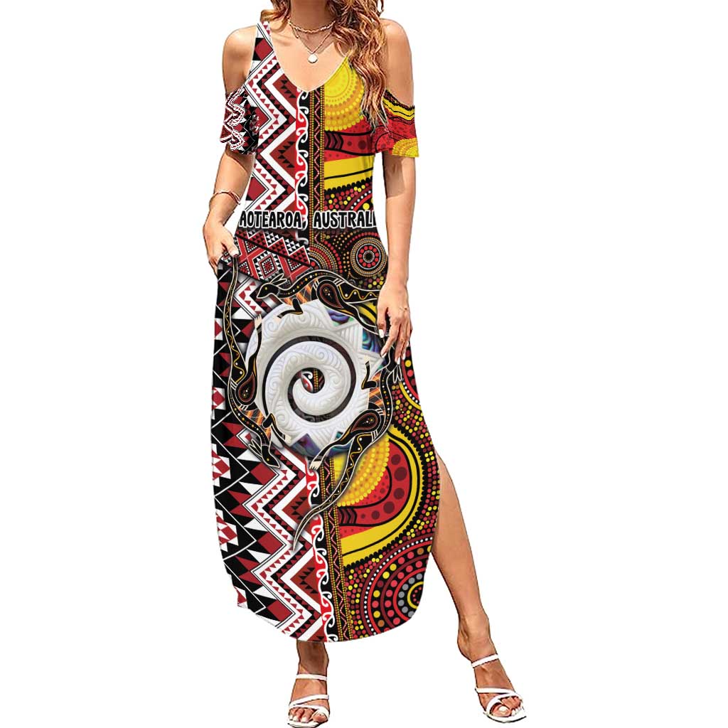 Personalised Aotearoa and Australia Together Family Matching Summer Maxi Dress and Hawaiian Shirt Koru and Kangaroo - Taniko with Aboriginal Motif LT03 Mom's Dress Black - Polynesian Pride