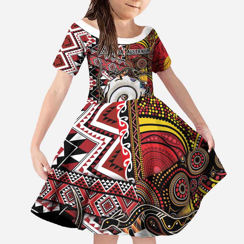 Personalised Aotearoa and Australia Together Family Matching Tank Maxi Dress and Hawaiian Shirt Koru and Kangaroo - Taniko with Aboriginal Motif LT03 Daughter's Dress Black - Polynesian Pride