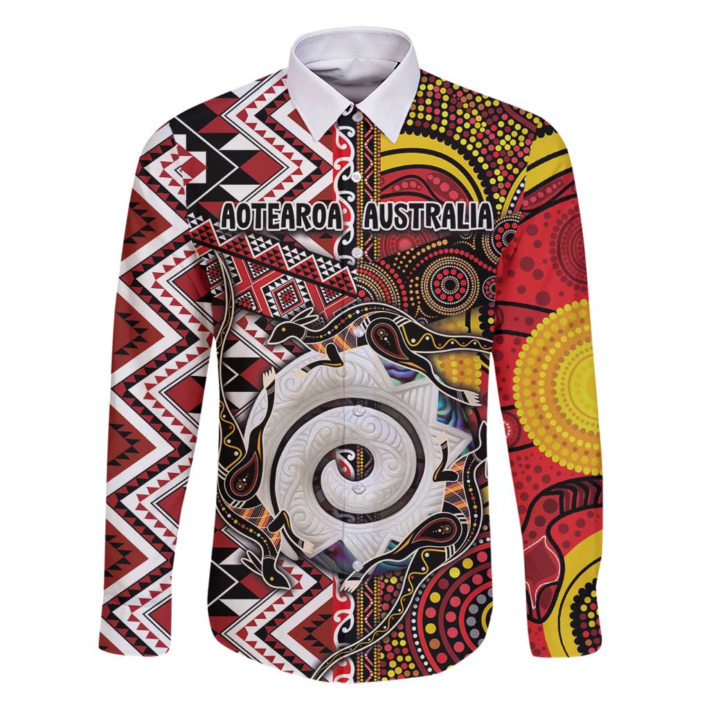 Personalised Aotearoa and Australia Together Family Matching Tank Maxi Dress and Hawaiian Shirt Koru and Kangaroo - Taniko with Aboriginal Motif LT03 Dad's Shirt - Long Sleeve Black - Polynesian Pride